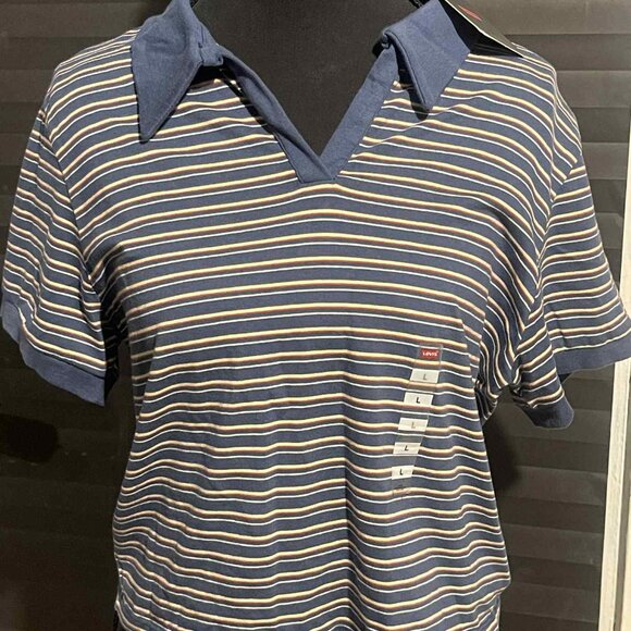 Levi's Women's blue striped collared polo shirt top V neck Size Large NWT - Picture 1 of 6